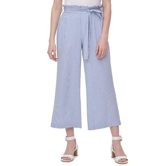CALVIN KLEIN Ruffle Blue White Stripe Wide Leg Culottes Pants Size Small - Picture 1 of 9